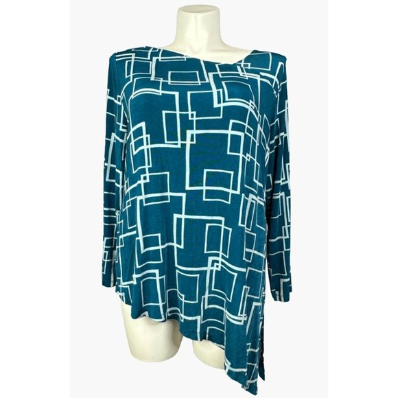 Chico's sz 3 Womens Travelers Classic Square Print Asymmetrical Slinky Top 16/18 - Picture 1 of 9